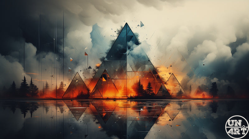 UN4RT imaginarium – cascading transparent geometric pyramid forms dissolving into a blazing forest fire and storm clouds reflected on still dark water, dark dramatic abstract landscape digital painting.
