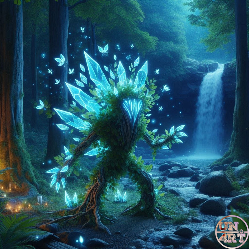UN4RT imaginarium – towering tree-creature made of twisted roots and glowing cyan crystal shards with luminous leaf-butterflies hovering around it beside a moonlit waterfall in an enchanted forest, dark bioluminescent fantasy 3D digital art.