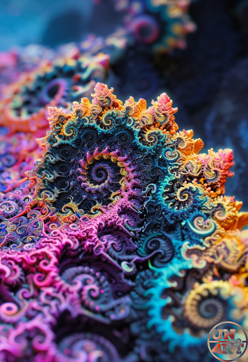 UN4RT imaginarium – extreme close-up of an intricate vivid fractal structure with layered spiralling coils in pink, orange, teal and purple resembling organic coral or sea creature texture, dark psychedelic macro 3D fractal art.