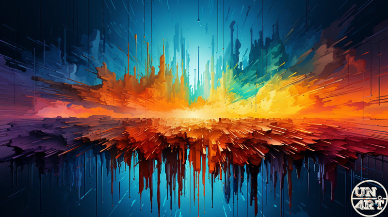 UN4RT imaginarium – wide panoramic abstract digital painting of a blazing orange and yellow paint explosion erupting upward into a cyan sky with dripping streaks and angular fragmented shards, dark vibrant expressionist digital art.