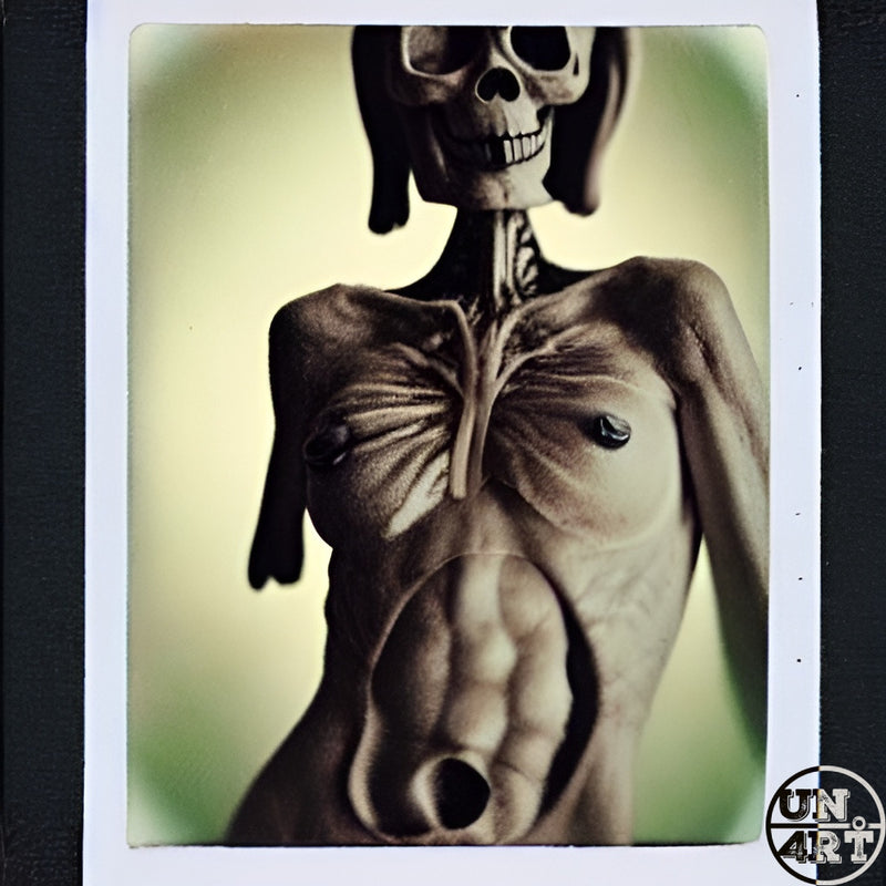 UN4RT imaginarium – Polaroid-style photograph of a cadaverous humanoid figure with a skull head and exposed anatomical musculature showing ribs, tendons and abdominal cavity against a faded cream and green background, dark anatomical horror surrealist art.