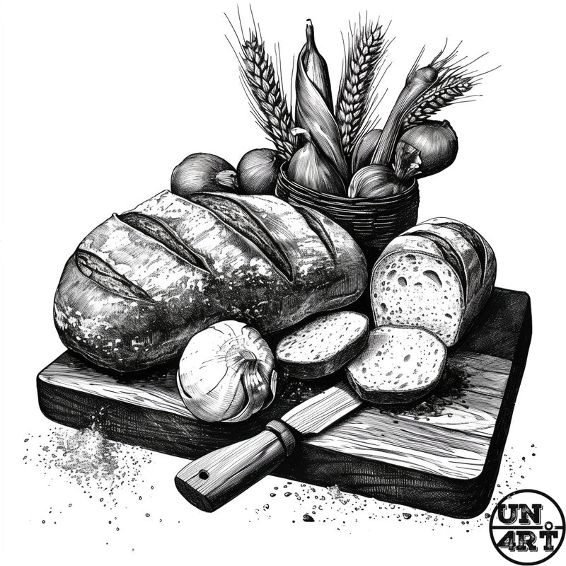 UN4RT imaginarium – detailed black and white crosshatch ink illustration of a rustic loaf of bread partially sliced on a wooden cutting board beside a garlic bulb, knife and a wicker basket filled with onions, corn and wheat stalks, dark artisan still life engraving art on white background.
