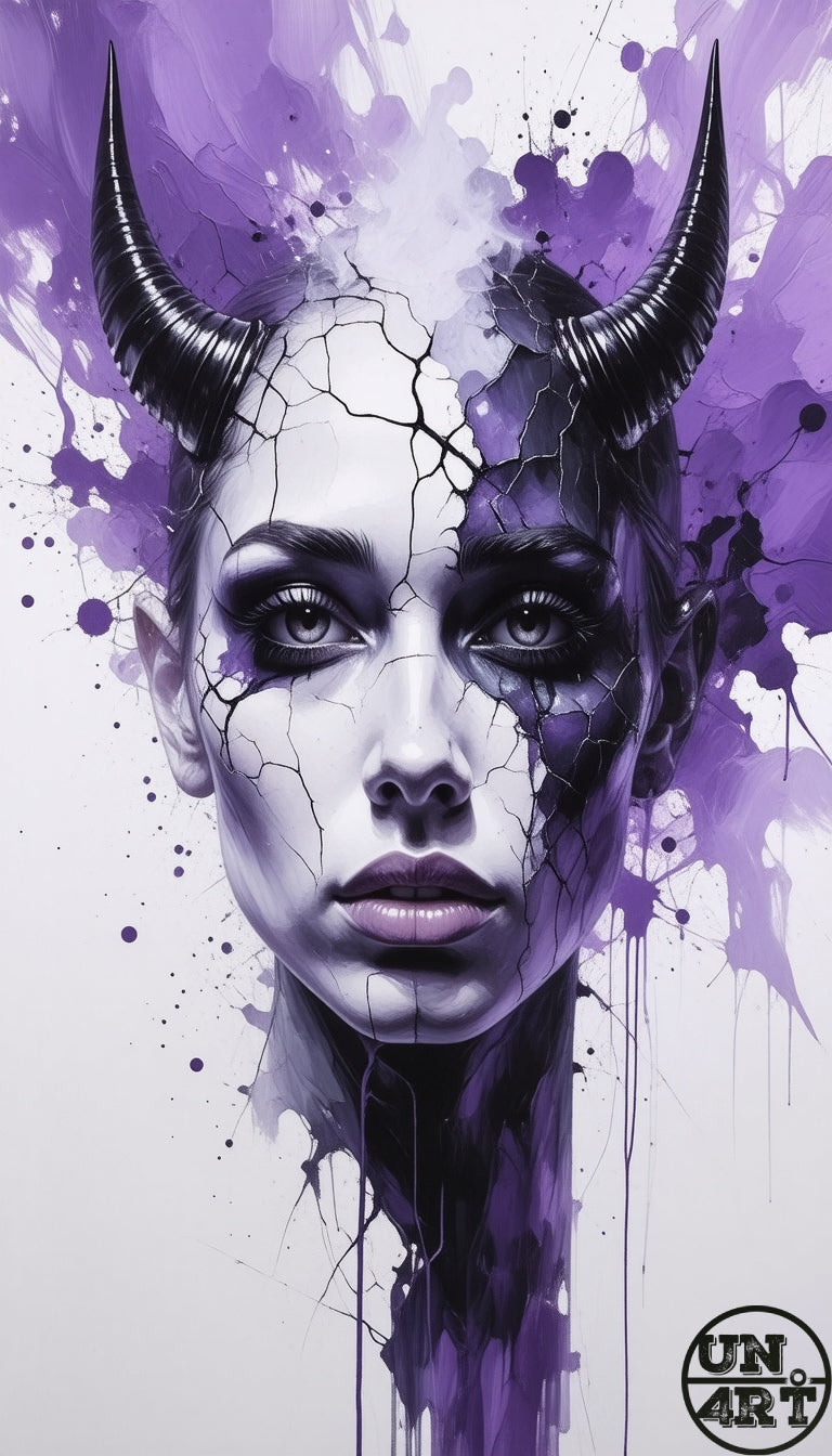 UN4RT imaginarium – front-facing female face with tall black glossy horns and a cracked porcelain surface dissolving into vivid violet watercolour ink splashes and drips against a white background, dark demonic surrealist watercolour portrait art.