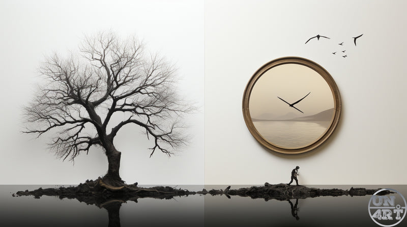 UN4RT imaginarium – minimalist split composition of a bare winter tree reflected in dark still water beside a large gold-framed circular clock with a misty landscape face, a lone walking figure and birds in flight above, dark philosophical conceptual fine art digital painting on white background.