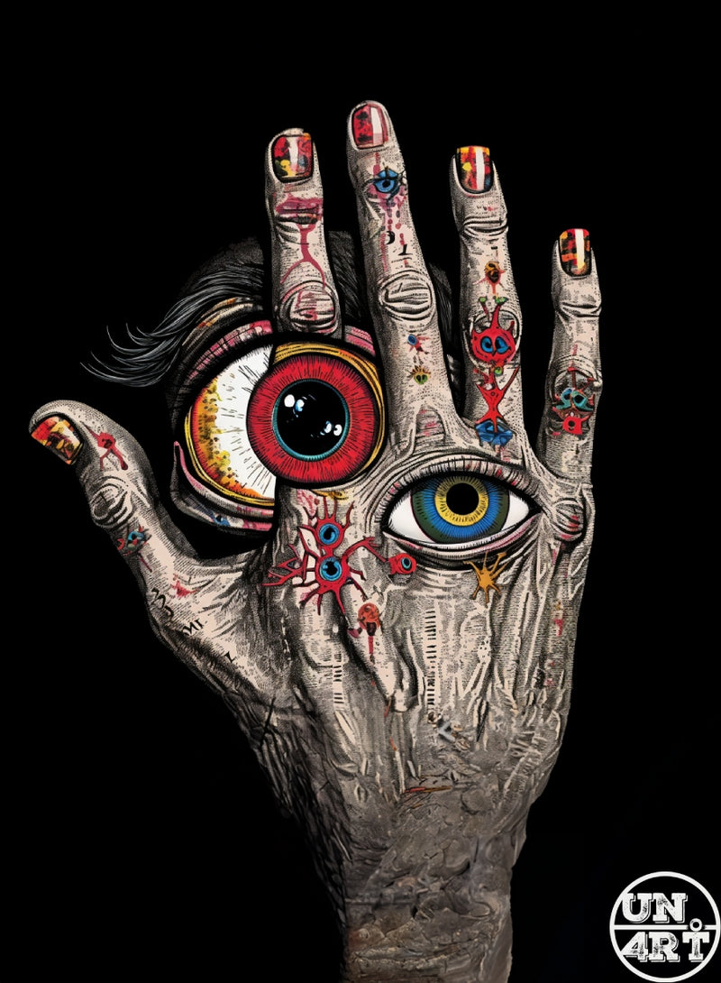 UN4RT imaginarium – highly detailed illustrated hand covered in aged cracked skin with colourful painted nails holding a large red and yellow bloodshot eyeball while a second blue eye stares from the palm surrounded by small decorative eye symbols and red vein-like markings, dark occult psychedelic comic book art on black background.