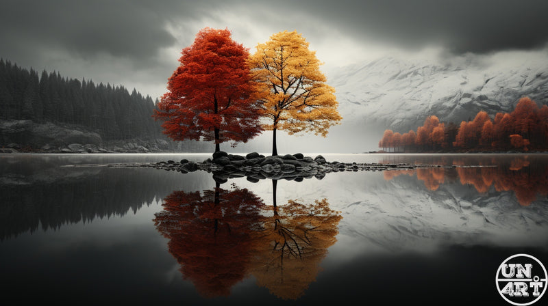 UN4RT imaginarium – two autumn trees in vivid red and golden yellow standing on a small rocky island perfectly mirrored in a glassy still lake against a dramatic grey overcast sky and snow-capped mountains, dark cinematic nature landscape photography.