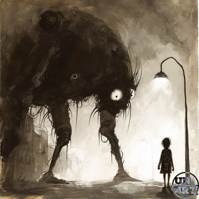 UN4RT imaginarium – massive dark hairy multi-legged creature with glowing eyes looming over a small solitary girl standing beneath a street lamp in a misty abandoned urban street at night, dark gothic horror children's book illustration ink and wash painting.