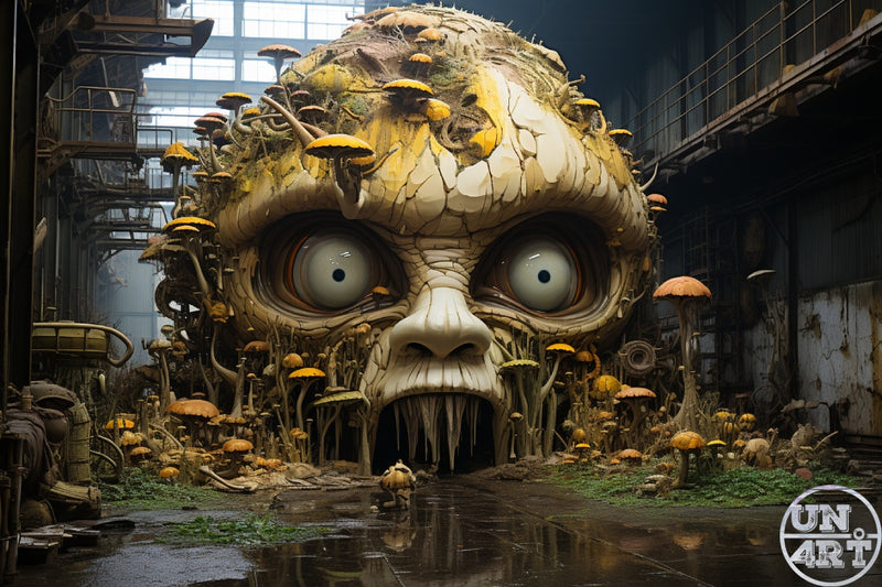 UN4RT imaginarium – colossal cracked biomass skull with wide staring white eyes and dripping fangs entirely colonised by yellow and orange mushrooms and mycelium tendrils filling an abandoned industrial warehouse interior, dark post-apocalyptic fungal horror cinematic 3D digital art.