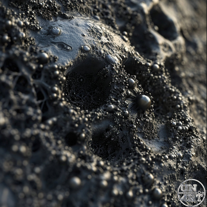 UN4RT imaginarium – extreme close-up of a pitted dark volcanic rock surface covered in microscopic metallic grey spheres and bubbled craters with glossy wet reflections, dark abstract geological macro 3D digital art.
