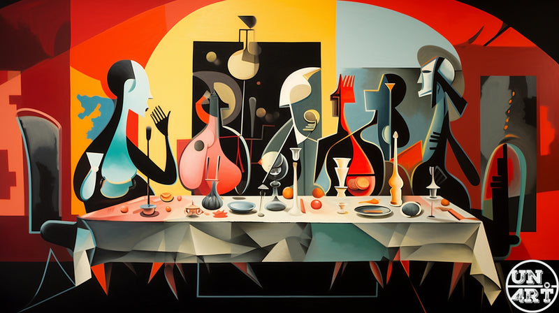 UN4RT imaginarium – cubist dinner party scene with angular faceless figures in bold red, black, teal and yellow seated around a table set with glassware, instruments and fruit beneath a glowing yellow arch, dark neo-cubist expressionist oil painting.