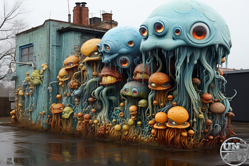 UN4RT imaginarium – enormous colony of cartoon-like alien mushroom creatures with glowing orange eyes and dangling tentacles overtaking the exterior wall of a grey brick urban building on a wet overcast day, dark surrealist street art installation 3D digital art.