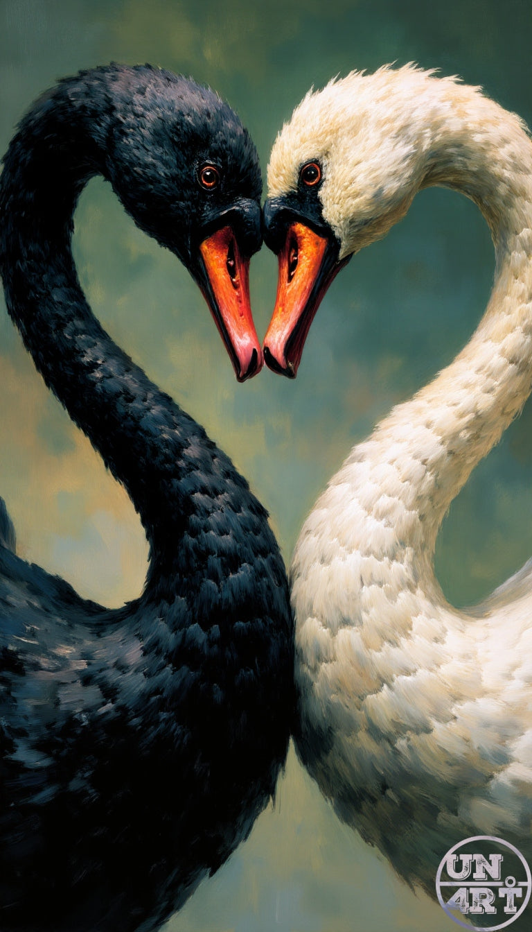 UN4RT imaginarium – close-up of a black swan and a white swan facing each other beak to beak with necks curving into a heart shape against a soft teal painted background, dark romantic duality fine art oil painting.