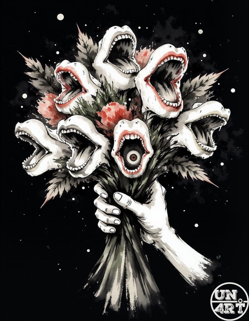 UN4RT imaginarium – pale hand holding a bouquet of grotesque screaming flower heads with wide open mouths full of teeth and a single staring eyeball at the centre surrounded by dark spiky foliage against a starry black background, dark horror surrealist ink and watercolour illustration.