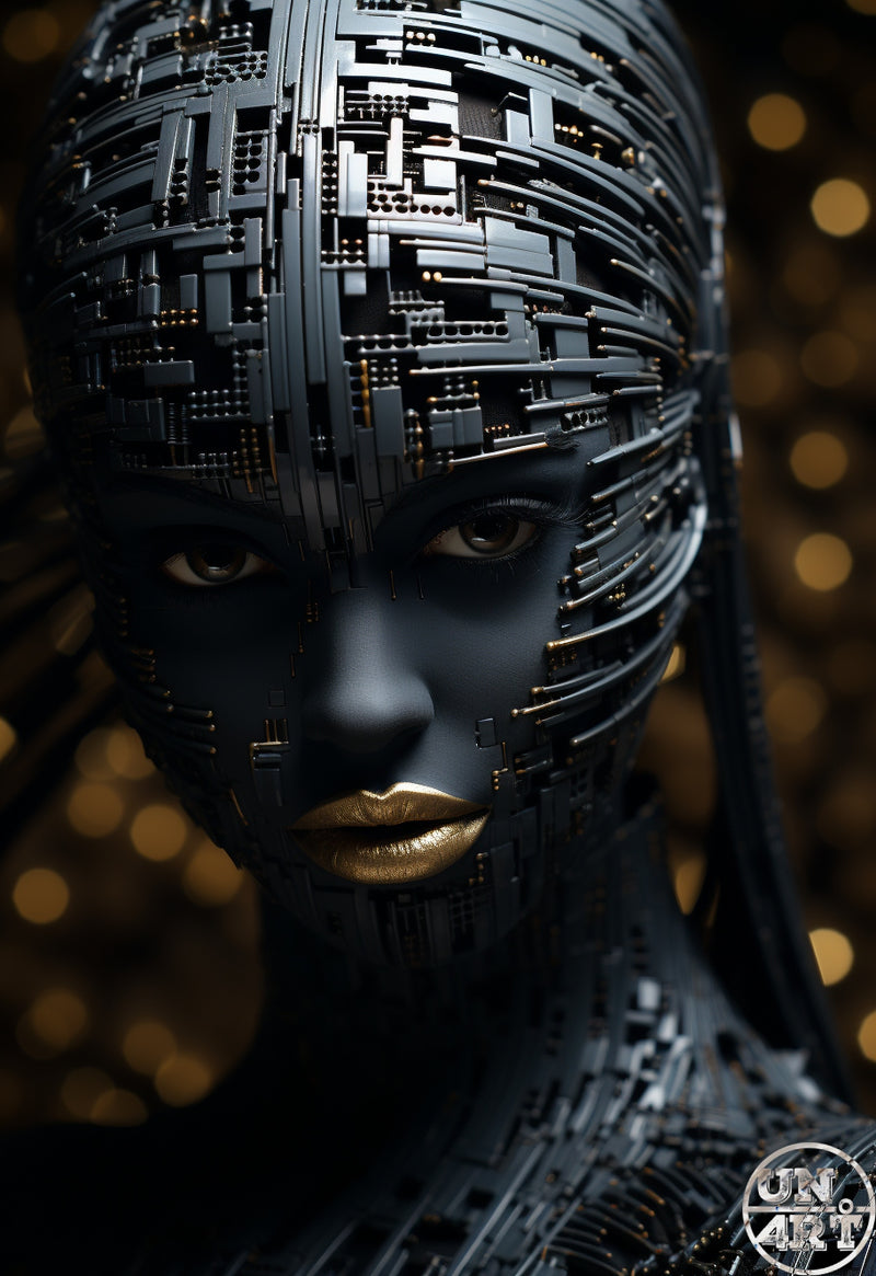 UN4RT imaginarium – close-up portrait of a matte black female android face with gold metallic lips and human-like eyes entirely encased in an interlocking grid of dark circuit board panels and rectangular electronic components against a warm gold bokeh background, dark cyberpunk AI portraiture 3D digital art.