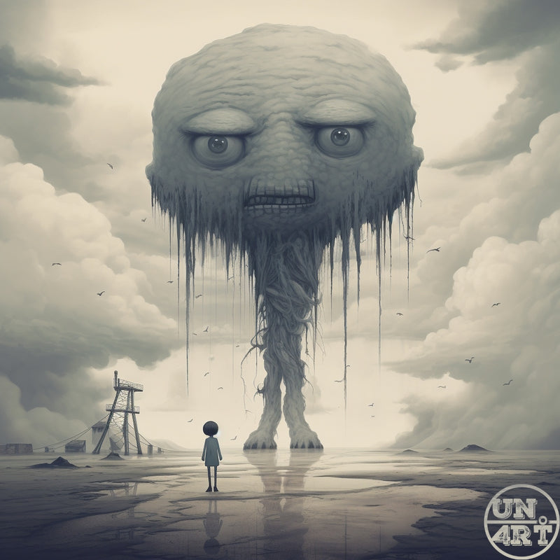 UN4RT imaginarium – small solitary child in a pale dress standing on a cracked wet plain facing an enormous grotesque floating head creature with sagging skin and drooping tendrils looming above a desolate industrial landscape under a grey overcast sky, dark surrealist cinematic children's horror illustration.