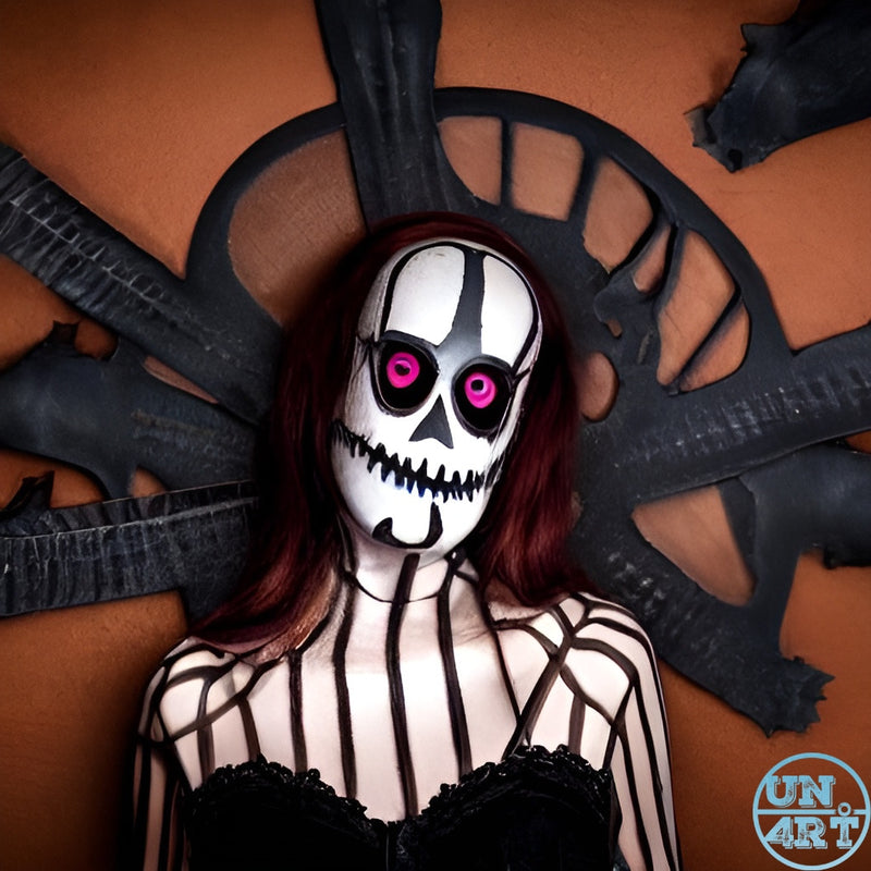 UN4RT imaginarium – woman with long red hair wearing a white and black skull face paint with glowing pink contact lens eyes and a black striped bodice standing before a large dark spoked wheel prop against an orange background, dark gothic Halloween theatrical body art portrait photography.