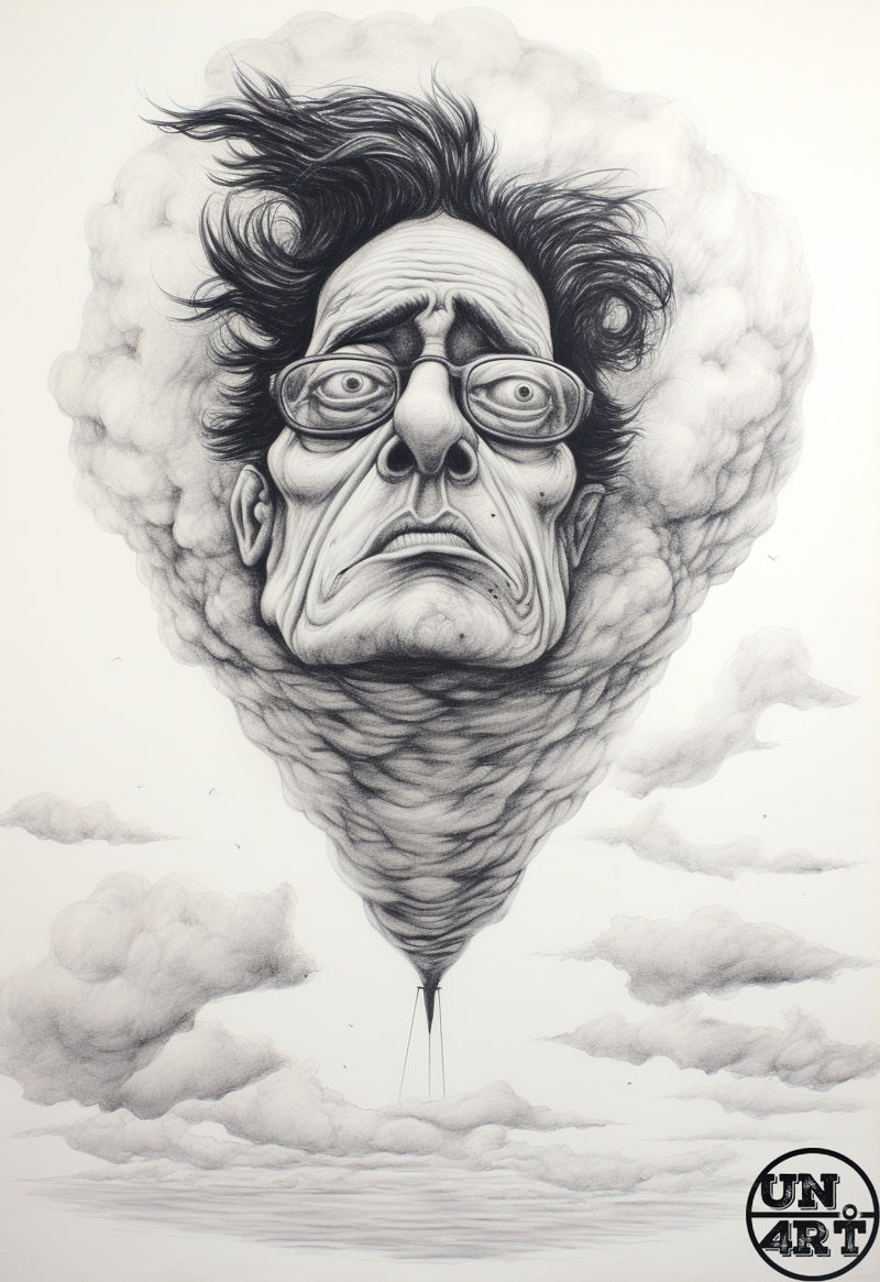 UN4RT imaginarium – detailed pencil illustration of a grimacing bespectacled man's face with wild dark hair emerging from and dissolving into swirling storm clouds above a calm sea horizon, dark surrealist caricature graphite drawing on white background.