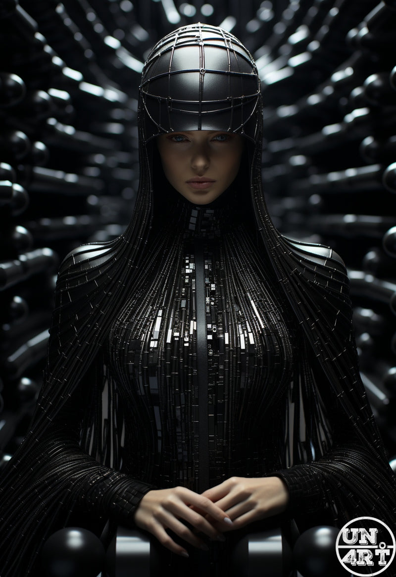 UN4RT imaginarium – serene female figure with long black hair wearing an intricately panelled all-black tech-fabric gown and a smooth spherical chrome cage helmet seated with hands folded against a radially blurred tunnel of dark layered forms, dark cyberpunk fashion editorial 3D digital art.