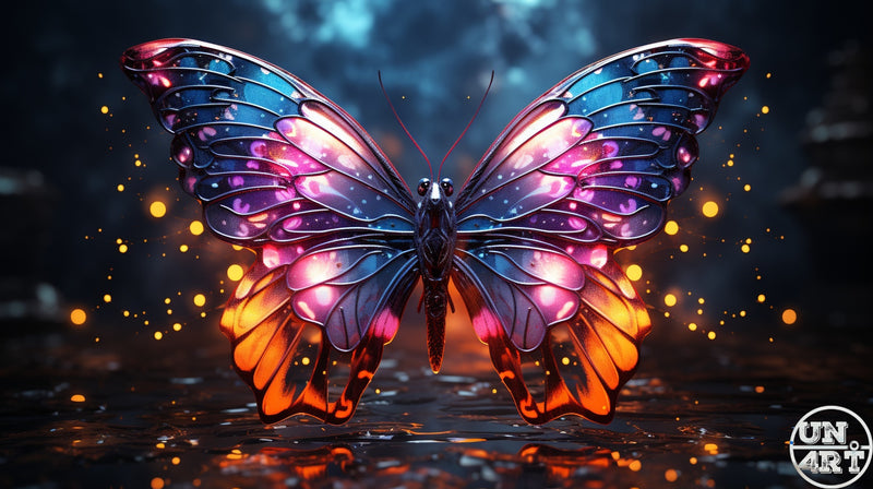 UN4RT imaginarium – large symmetrical butterfly with luminous stained-glass wings in vivid pink, violet, cobalt blue and amber orange hovering above a reflective dark wet surface with scattered golden bokeh particles against a stormy blue-grey sky, dark bioluminescent fantasy 3D digital art.