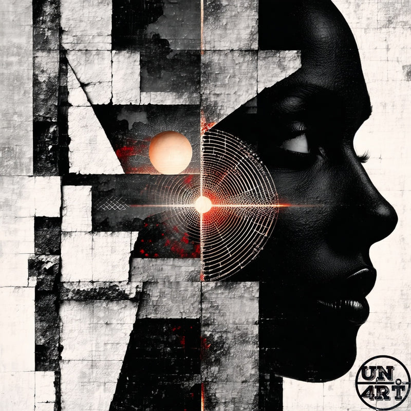 UN4RT imaginarium – bold profile silhouette of a dark-skinned face against a fragmented black and white geometric tiled wall with a glowing amber sphere and concentric white grid circle intersecting at eye level with red splatter accents, dark constructivist identity mixed-media digital collage art.
