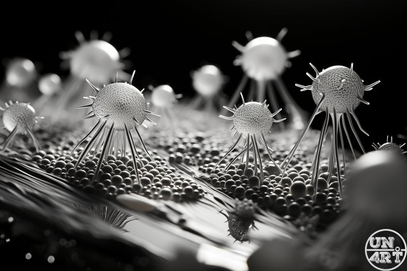 UN4RT imaginarium – colony of silver metallic bacteriophage virus models with spiked spherical heads and multi-legged landing gear clustered on a textured biological surface covered in microscopic grey beads against a black background, dark monochromatic scientific horror 3D digital art.
