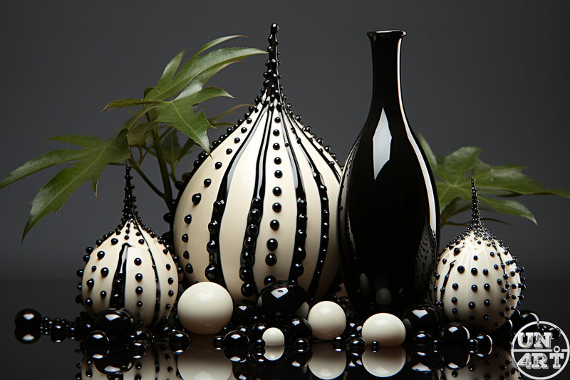 UN4RT imaginarium – still life arrangement of black and white ceramic vases and spheres of varying sizes with glossy black bead and drip ornamentation beside fresh green leaves against a soft grey gradient background, dark monochromatic luxury decorative arts 3D digital art.