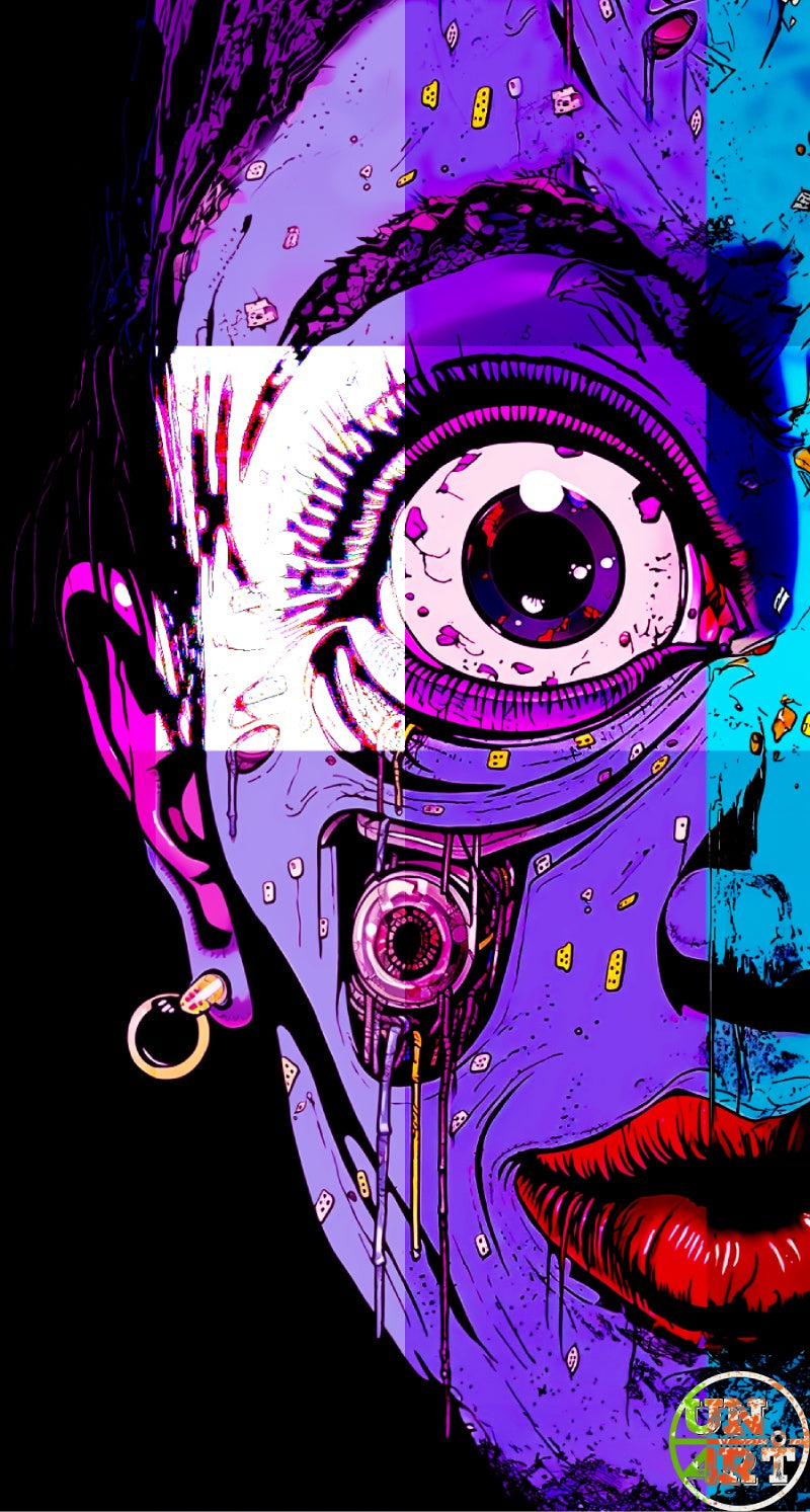 UN4RT imaginarium – extreme close-up of a half-face female cyborg with an oversized bloodshot bulging eye, red lips and mechanical components embedded in violet and cyan skin split across contrasting purple and teal colour-blocked panels with scattered yellow chip elements against a black background, dark cyberpunk neon pop art comic illustration.