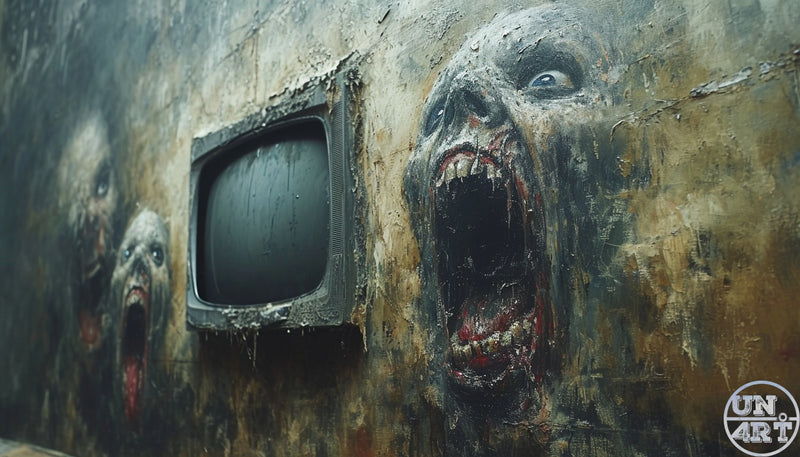 UN4RT imaginarium – decomposing screaming zombie faces with wide gaping mouths and dripping flesh emerging from a cracked dark corroded wall beside an old blank CRT television set mounted into the surface, dark cinematic horror hyperrealistic 3D digital art.