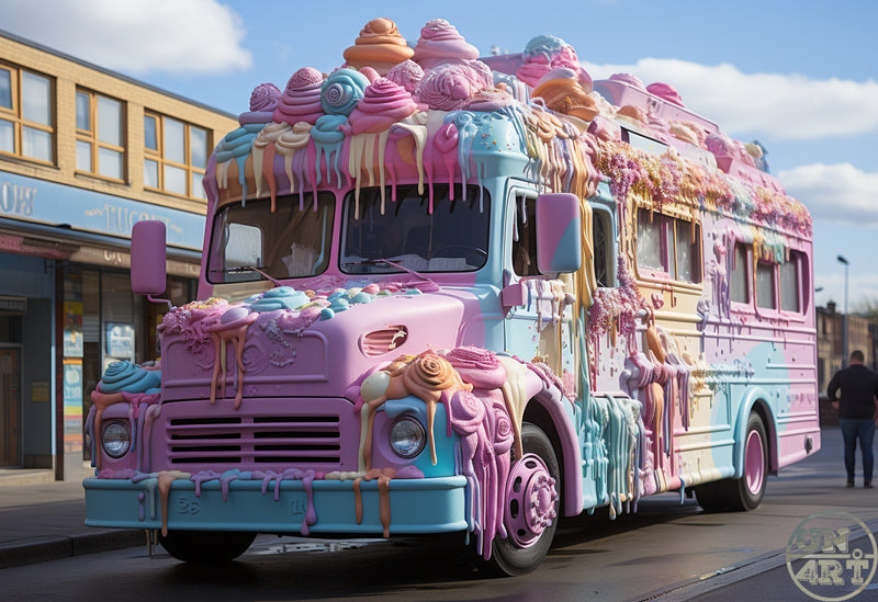 UN4RT imaginarium – vintage double-decker bus entirely encrusted and overflowing with melting pastel ice cream scoops, cupcakes and candy drips in pink, blue and peach tones parked on an urban street under a bright blue sky, dark whimsical pop surrealist 3D digital art.