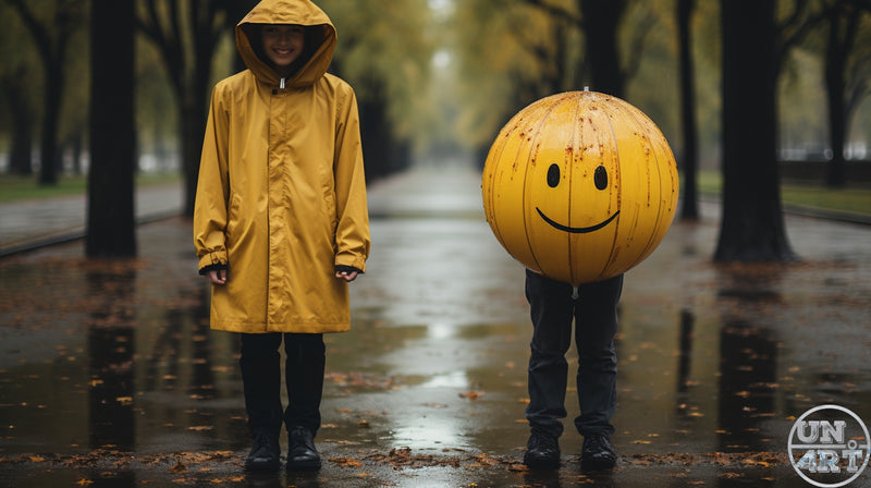 UN4RT imaginarium – two children standing on a rain-soaked tree-lined avenue in autumn, one wearing a bright yellow hooded raincoat smiling, the other with a large round yellow smiley-face sphere as a head wearing dark clothes, dark uncanny surrealist street photography.