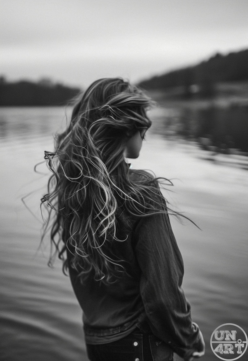 UN4RT imaginarium – rear view of a young woman with long wild windswept wavy dark hair wearing a dark leather jacket standing at the edge of a grey overcast lake with a moody blurred treeline horizon, dark emotive black and white fine art portrait photography.