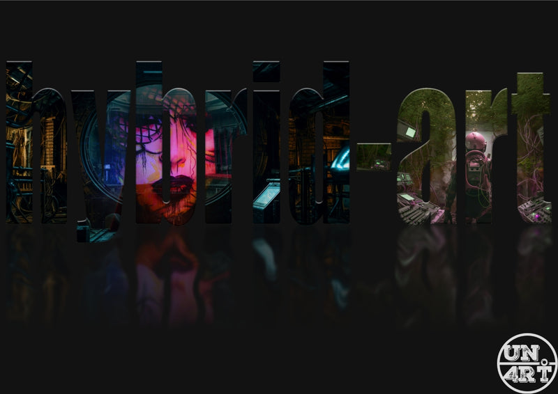 UN4RT imaginarium – bold lowercase text reading "hybrid art" cut out as a dark stencil revealing a collage of vivid gothic and sci-fi cinematic scenes including glowing pink alien chambers, overgrown ruins and robotic figures against a near-black background, dark title card graphic design artwork.