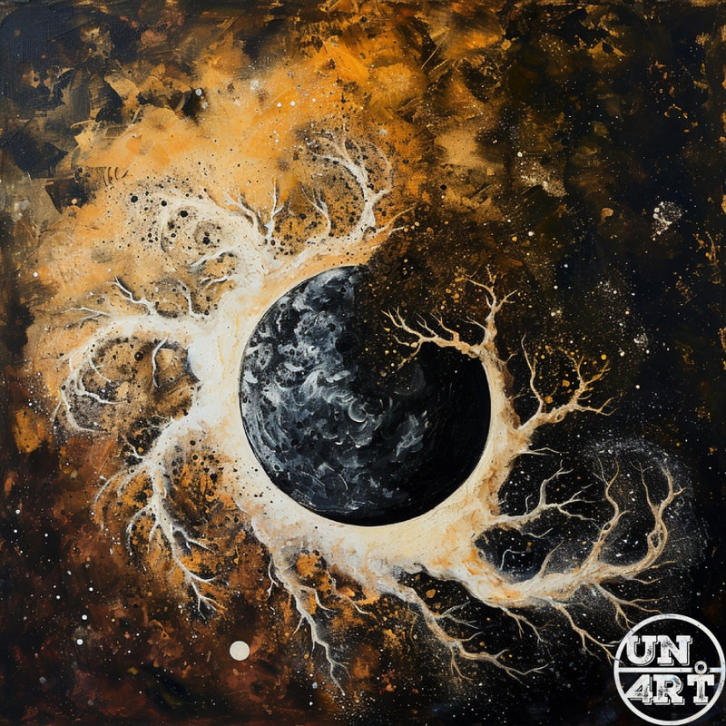 UN4RT imaginarium – large dark grey moon surrounded by radiating white bare tree branch tendrils and sprawling golden amber nebula cloud texture splattered with white paint stars against a deep black background, dark cosmic expressionist acrylic painting.