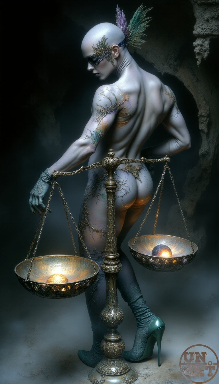 UN4RT imaginarium – rear view of a pale silver-skinned nude androgynous figure with cracked marble-like skin and green feathered headpiece leaning over a large ornate brass balance scale holding glowing orbs in each bowl against a dark misty stone interior, dark neoclassical fantasy justice allegory 3D digital art.