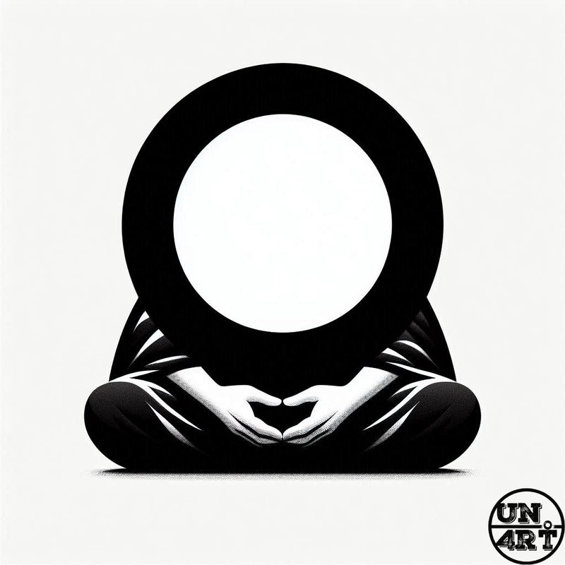 UN4RT imaginarium – bold black minimalist silhouette of a cross-legged seated figure with both hands forming a heart shape framed by a large hollow black circle against a pure white background, dark zen conceptual graphic art.