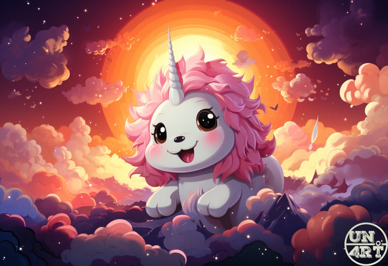 UN4RT imaginarium – adorable fluffy white baby unicorn with a pink mane and a single silver horn sitting happily on dark purple storm clouds before a radiant orange and red glowing full moon in a star-filled twilight sky, kawaii fantasy digital illustration.