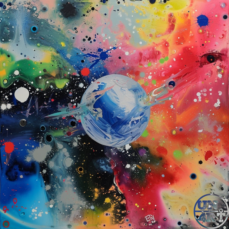 UN4RT imaginarium – blue ringed planet at the centre of a chaotic splatter-paint cosmos in vivid red, pink, green, yellow and black with drips, dots and starburst explosions covering the entire canvas, dark cosmic expressionist spray paint and acrylic original artwork.