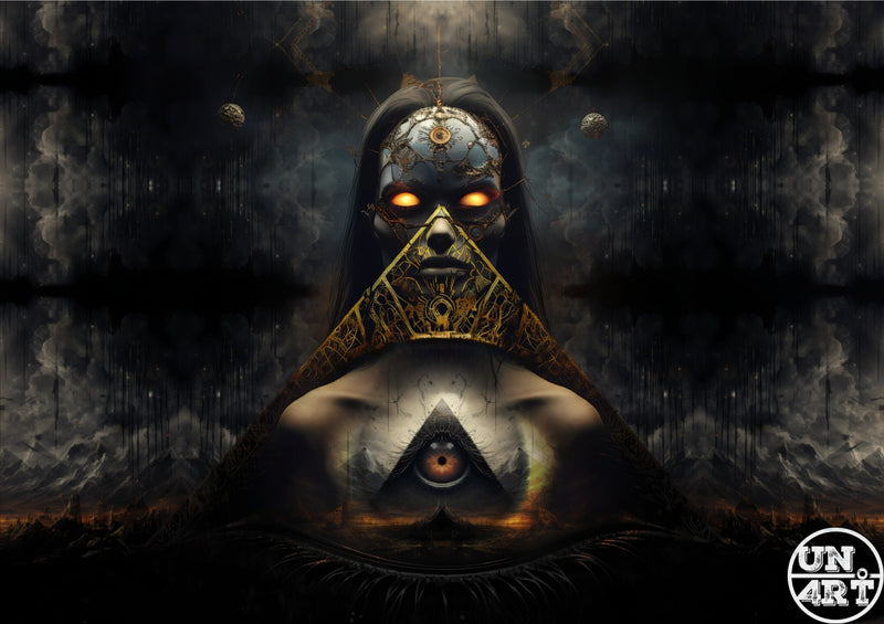 UN4RT imaginarium – symmetrical front-facing dark hooded skull figure with glowing amber eyes and a large ornate gold inverted triangle covering the lower face above a chest cavity revealing a glowing all-seeing eye pyramid surrounded by dark smoky fog, dark occult illuminati esoteric cinematic 3D digital art.