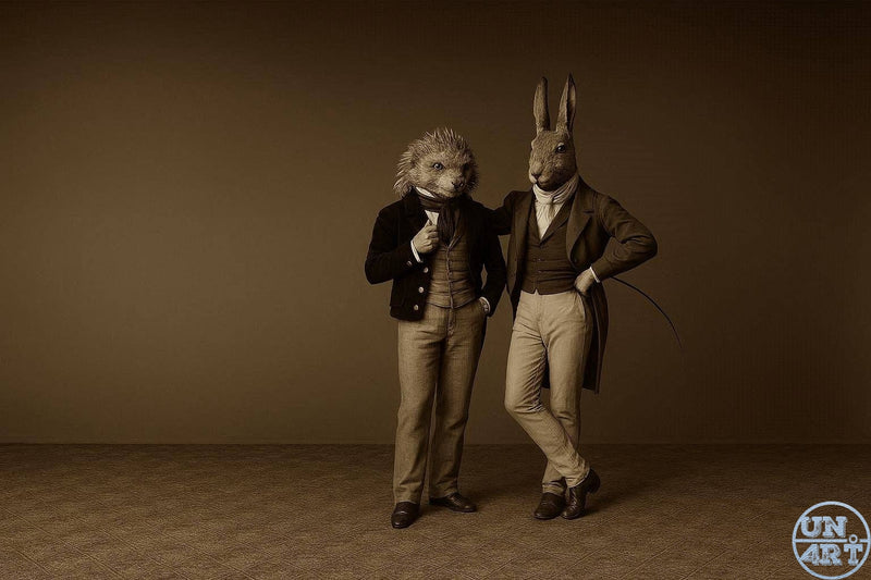 UN4RT imaginarium – two anthropomorphic animals dressed in elegant Victorian-era gentlemen's attire posing together against a warm sepia brown studio backdrop, a hedgehog in a dark tailcoat with waistcoat and a rabbit in a fitted jacket with cravat standing arm in arm, dark whimsical aristocratic fine art portrait photography.