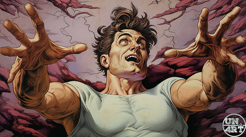 UN4RT imaginarium – muscular male figure in a white sleeveless shirt with wild dark hair and a wide screaming mouth reaching both oversized hands outward toward the viewer while being engulfed by massive dark crimson organic tentacles or veins against a stormy purple background, dark superhero horror comic book illustration.