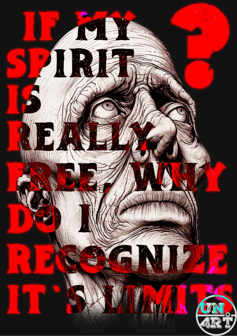 UN4RT imaginarium – deeply wrinkled and weathered elderly face with hollow staring eyes overlaid on bold red block lettering reading "IF MY SPIRIT IS REALLY FREE, WHY DO I RECOGNIZE IT'S LIMITS?" with a large red question mark against a black background, dark existential philosophical mixed-media poster art.