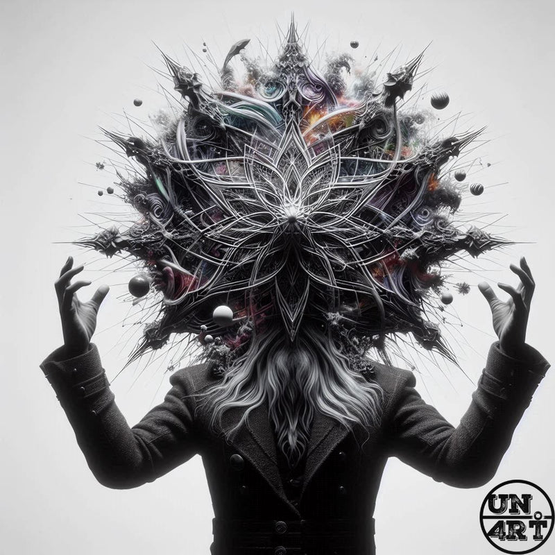 UN4RT imaginarium – androgynous figure in a dark double-breasted jacket with long silver-white hair replaced by an enormous exploding mandala-like head of intricate silver wire tendrils, floating spheres, iridescent coils and chaotic organic forms against a pale grey background, dark surrealist mind-expansion conceptual 3D digital art.