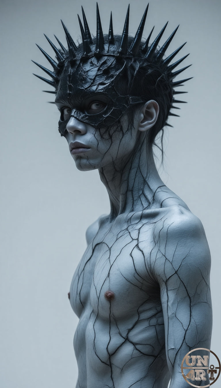 UN4RT imaginarium – androgynous bare-torso figure with pale grey-blue cracked lightning-vein skin wearing a dramatic black spiked crown mask covering the eyes in three-quarter profile against a soft grey background, dark neo-gothic body horror haute couture 3D digital art.