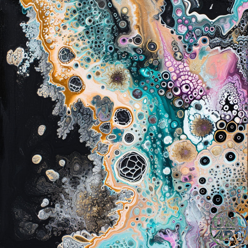 UN4RT imaginarium – overhead view of an intricate acrylic pour painting with organic cellular formations of teal, gold, pink, violet, black and cream creating microscopic-looking bubble clusters, cracked geodes and flowing lava-like channels against a black void, dark abstract fluid art original painting.