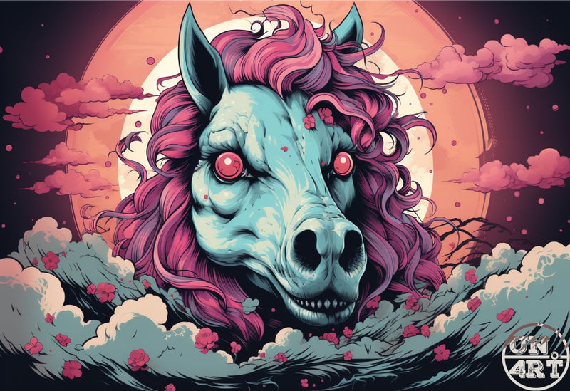 UN4RT imaginarium – front-facing zombie horse head with decomposed pale teal skin, wild flowing pink and purple mane and glowing red eyes rising from crashing white waves strewn with pink blossoms before a large luminous full moon in a deep crimson clouded sky, dark horror kawaii Japanese woodblock-style comic illustration.