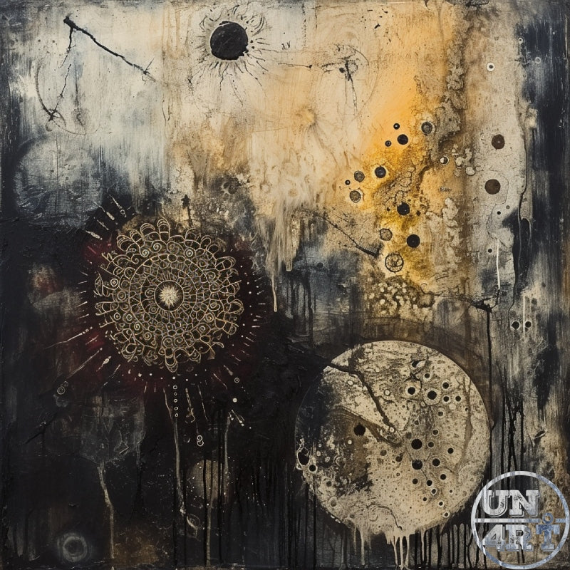 UN4RT imaginarium – dark mixed-media abstract painting on aged cream and black ground featuring a golden glowing orb with scattered black dots upper right, an intricate gold mandala-like circle lower left and a cracked pale moon disc lower right connected by dripping paint trails and delicate scratched linework, dark alchemical cosmos expressionist original artwork.