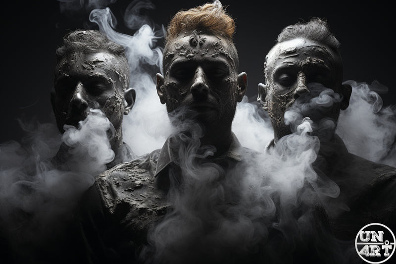 UN4RT imaginarium – three male figures with cracked dark stone-textured skin and hollow shadowed eyes emerging from swirling white smoke against a black background, the central figure facing forward and flanked by two turned slightly inward, dark cinematic gothic horror group portrait 3D digital art.