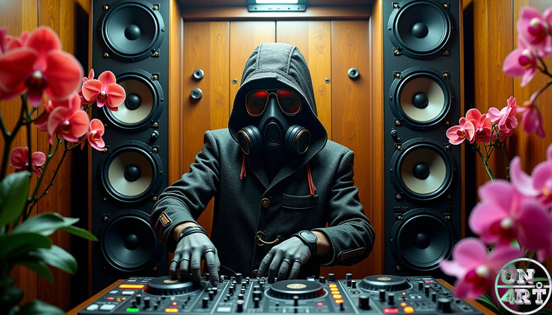 UN4RT imaginarium – hooded figure in a dark jacket and black gas mask with glowing red lenses standing behind DJ turntables flanked by two tall black speaker towers and surrounded by vivid pink orchid blooms in warm amber interior light, dark dystopian music culture cinematic 3D digital art.