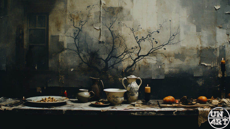 UN4RT imaginarium – abandoned dining table with aged ceramic jugs, a bowl and scattered fruit lit by two flickering candles before a bare winter branch arrangement casting dark shadows against a heavily cracked and peeling paint-layered collage wall, dark memento mori vanitas still life fine art photography.