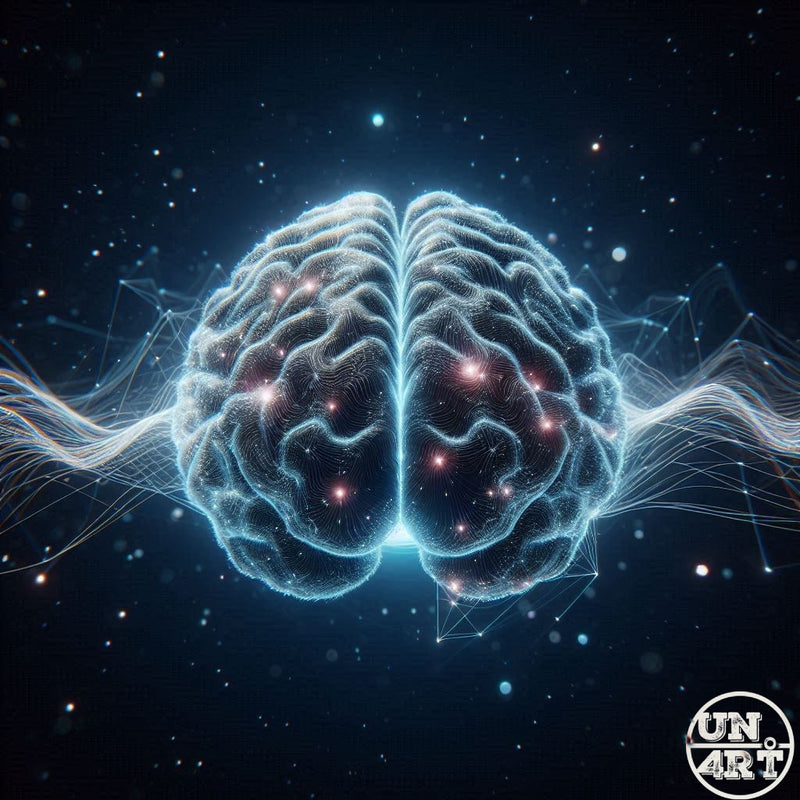 UN4RT imaginarium – symmetrical front-facing human brain rendered in glowing pale cyan wire-mesh with pulsing red and white synaptic nodes emitting flowing white energy wave streams outward into a deep dark blue star-filled cosmos, dark neuroscience bioluminescent space 3D digital art.
